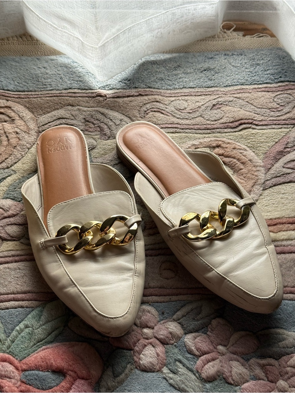 Madewell Cream Leather Chain-Trim Mule Loafers
